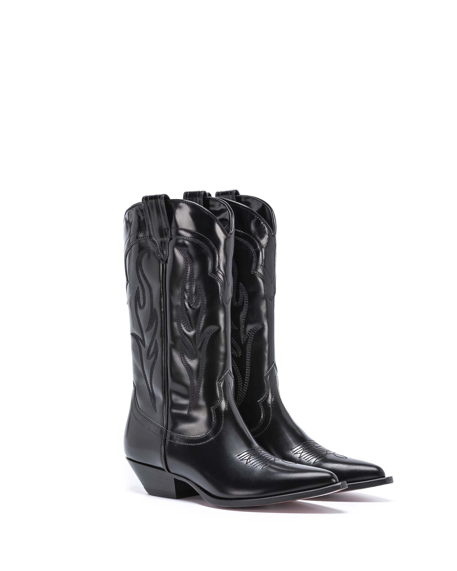 SANTA FE Women's Cowboy Boots in Black Brushed Calfskin | On Tone Embroidery_Front_01