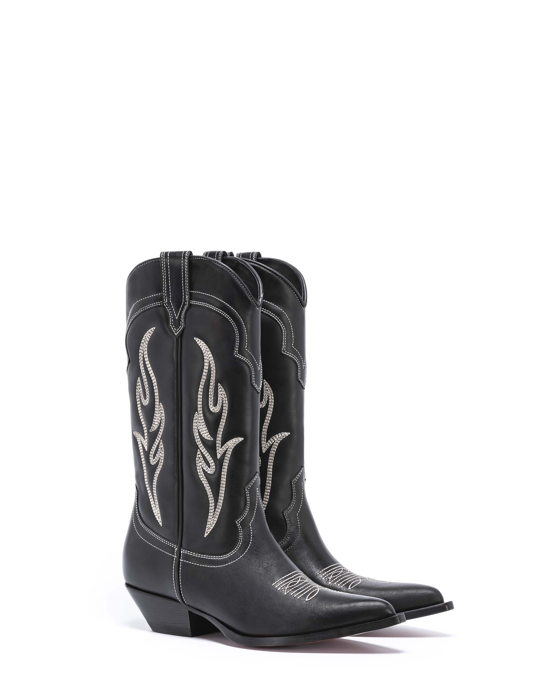 SANTA FE Men's Cowboy Boots in Black Calfskin | Off-White Embroidery_Front_01